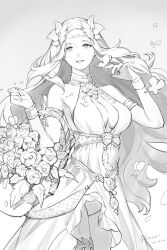 Rule 34 | 1girl, absurdres, armlet, artist name, bare shoulders, basket, breasts, bug, butterfly, circlet, cleavage, cleavage cutout, clothing cutout, cowboy shot, dated, dress, falling petals, feathers, final fantasy, final fantasy xiv, flower, flower basket, grey background, greyscale, hands up, head wreath, highres, holding, holding basket, insect, large breasts, laurel crown, li jin, long hair, looking at viewer, monochrome, nophica, parted lips, petals, rose, signature, simple background, sleeveless, sleeveless dress, sleeveless turtleneck dress, smile, solo, standing, turtleneck, turtleneck dress, wavy hair, wristband