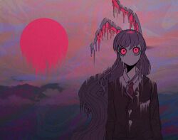 Rule 34 | 1girl, animal ears, black jacket, breast pocket, buttons, cloud, cloudy sky, collared shirt, crescent, crescent moon, crescent pin, dripping, glowing, glowing eyes, jacket, long hair, long sleeves, looking up, melting, messy hair, moon, mountain, n0een, necktie, no mouth, pale skin, pin, pocket, psychedelic, purple hair, rabbit ears, rabbit girl, red eyes, red necktie, reisen udongein inaba, shirt, sky, sun, sunset, third-party source, touhou, very long hair, white fur, white shirt