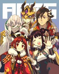 Rule 34 | 2girls, 3boys, asclepius (fate), benienma (fate), black hair, bridal gauntlets, fate/grand order, fate (series), feather trim, hat, high collar, holding hands, mandricardo (fate), mask, multiple boys, multiple girls, prince of lan ling (fate), pspsno pan, red hair, sleeves past fingers, sleeves past wrists, smile, v, waving, white hair, yang guifei (fate), yang guifei (first ascension) (fate)