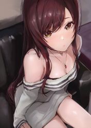 Rule 34 | 1girl, bare legs, bare shoulders, blush, breasts, brown hair, cleavage, couch, dress, from above, grey sweater, highres, idolmaster, idolmaster shiny colors, indoors, jewelry, long hair, long sleeves, looking at viewer, looking up, medium breasts, musunde hiraite (mh5jta), necklace, off shoulder, on couch, open mouth, osaki amana, revision, sitting, sleeves past wrists, solo, sweater, sweater dress, swept bangs, yellow eyes