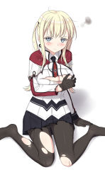 Rule 34 | 10s, 1girl, bad id, bad pixiv id, black gloves, black pantyhose, blue eyes, blue skirt, blush, breast hold, breasts, burnt clothes, capelet, celtic knot, cleavage, cnm, collar, cross, eyelashes, female focus, gloves, graf zeppelin (kancolle), hair ribbon, highres, iron cross, kantai collection, large breasts, long hair, long sleeves, looking at viewer, military, military uniform, miniskirt, necktie, pantyhose, pleated skirt, ribbon, simple background, sitting, skirt, smoke, solo, sweatdrop, torn clothes, torn pantyhose, torn skirt, two side up, uniform, wariza, white background