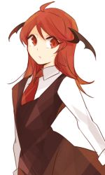 Rule 34 | 1girl, :/, bad id, bad pixiv id, bat wings, black dress, collared shirt, dress, dress shirt, eyelashes, head wings, koakuma, long hair, long sleeves, looking at viewer, looking to the side, necktie, red eyes, red hair, red necktie, shirt, simple background, slit pupils, solo, tama (hiroshige 36), touhou, white background, white shirt, wings