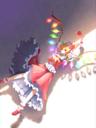 Rule 34 | 1girl, absurdres, apple, arm behind head, arm up, ascot, blonde hair, blurry, bow, depth of field, flandre scarlet, food, frilled skirt, frills, fruit, glowing, hair between eyes, hat, hat bow, highres, long skirt, looking at viewer, mob cap, red bow, red eyes, red footwear, red vest, shadow, shoes, side ponytail, skirt, skirt set, solo, touhou, toushi (1213704694), toushi (pixiv11987649), vest, white hat, wings, wrist cuffs