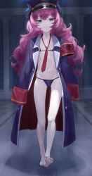 Rule 34 | 1girl, armband, barefoot, bikini, blue archive, coat, collarbone, flat chest, full body, grey eyes, grin, had (had314), hat, highres, iroha (blue archive), long hair, looking at viewer, navel, necktie, open clothes, open coat, peaked cap, red hair, red necktie, sleeves past fingers, sleeves past wrists, smile, solo, swimsuit, walking
