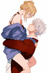 Rule 34 | 1boy, 1girl, blonde hair, blouse, blue sweater, breasts, contemporary, couple, eye contact, from side, gintama, holding person, jacket, looking at another, maosen, medium breasts, red jacket, sakata gintoki, shirt, sideboob, sidelocks, silver hair, simple background, smile, sweater, tsukuyo (gintama), white background, white shirt