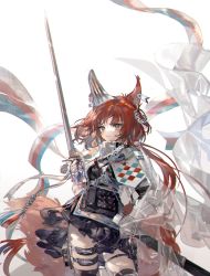 Rule 34 | 1girl, animal ears, arknights, black skirt, earphones, flametail (arknights), hair ornament, highres, holding, holding sword, holding weapon, long hair, nevakuma (fanfanas), red hair, scabbard, sheath, skirt, squirrel ears, squirrel girl, squirrel tail, sword, tail, thigh strap, weapon, yellow eyes
