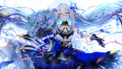 Rule 34 | 1girl, amane kanata, amane kanata (another world), angel, arm belt, backlighting, bare shoulders, belt, belt collar, black belt, black gloves, blue flower, blue hair, blue rose, blue skirt, blue wings, bouquet, bow, breasts, chest harness, collar, colored inner hair, crossed legs, dark, double bun, dress, earrings, falling petals, feathered wings, flower, frilled dress, frills, gloves, hair between eyes, hair bun, hair ornament, halo, harness, heart o-ring, highres, holding, hololive, hugging object, idol, jewelry, layered dress, long hair, multicolored hair, o-ring, official alternate costume, outstretched arm, petals, purple eyes, rose, sidelocks, single thighhigh, skirt, small breasts, smile, solo, star (symbol), star halo, thighhighs, tiprip kk, two-tone hair, upper body, virtual youtuber, white footwear, white hair, wings