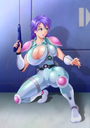 Rule 34 | 1girl, akai koudan zillion, apple (zillion), blue hair, bodysuit, bracer, breasts, character request, cleavage, covered erect nipples, crotch seam, ema (emaura), green eyes, gun, knee pads, large breasts, long hair, lying, on side, purple hair, scouter, shiny clothes, shoulder pads, solo, source request, weapon