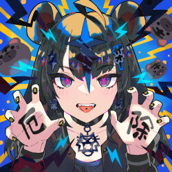 Rule 34 | 1girl, 2022, absurdres, ahoge, animal ears, black choker, black eyes, black hair, black jacket, black shirt, body writing, chinese zodiac, choker, claw pose, commentary, english commentary, hair ornament, highres, jacket, jewelry, letterman jacket, long sleeves, looking at viewer, medium hair, new year, open clothes, open jacket, open mouth, original, pendant, piercing, saitou naoki, shirt, smile, solo, symbol-shaped pupils, tiger ears, tiger girl, tongue piercing, translated, year of the tiger