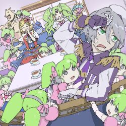 Rule 34 | 6+girls, andou rei, annoyed, arm up, blonde hair, braid, character doll, clinging, closed eyes, commentary request, couch, covering own mouth, crown braid, cup, curly hair, doll joints, dress, drill hair, epaulettes, exhausted, falulu, forehead jewel, goat costume, green eyes, green hair, grey eyes, grey hair, hair ribbon, hand on own head, hand over own mouth, hand up, hat, headpat, headphones, highres, indoors, jacket, joints, kemura (puripurinea), laughing, long hair, long sleeves, looking to the side, midorikaze fuwari, multiple girls, necktie, on couch, open mouth, pink dress, pink ribbon, pretty series, pripara, puffy short sleeves, puffy sleeves, purple necktie, ribbon, shikyoin hibiki, short hair, short sleeves, sidelocks, sitting, smile, table, tea, teacup, too many, toriko (pripara), twin drills, twintails, unicorn (pripara), white dress, white headwear, wing hair ornament