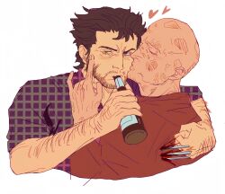 2boys alcohol arm_hair bald beard bottle brown_hair claw_(weapon) deadpool deadpool_&amp;_wolverine deadpool_(series) drinking facial_hair hand_on_another&#039;s_face hashtag-only_commentary heart highres holding holding_bottle kiss kissing_cheek male_focus marvel marvel_cinematic_universe multiple_boys rrriemman scar scars_all_over simple_background stab too_many weapon white_background wolverine_(x-men) x-men yaoi