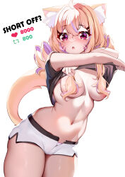 Rule 34 | 1girl, :o, animal ear fluff, animal ears, areola slip, black shirt, blonde hair, breasts, cat ears, cat tail, clothes lift, commentary, convenient censoring, cowboy shot, english commentary, hair censor, hair over breasts, heart, highres, lifting own clothes, long hair, medium breasts, multicolored hair, navel, open fly, open mouth, panties, panty peek, purple hair, red eyes, shirt, shirt lift, short shorts, short sleeves, shorts, shyrei faolan, simple background, solo, squchan, standing, stomach, streaked hair, tail, thighs, twitter strip game (meme), underwear, virtual youtuber, vyugen, white background, white shorts