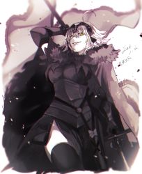 Rule 34 | 1girl, ahoge, armor, armored dress, black thighhighs, breasts, cloak, eyebrows hidden by hair, fate/grand order, fate (series), flag, hair between eyes, headpiece, highres, holding, holding flag, holding weapon, jeanne d&#039;arc alter (avenger) (fate), jeanne d&#039;arc alter (fate), looking at viewer, looking down, ryousuke (tukr5384), short hair, smile, solo, thighhighs, weapon, white hair