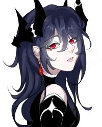 Rule 34 | 1girl, black shirt, black sleeves, blue hair, caera denoir, long hair, long sleeves, looking at viewer, open mouth, red eyes, shirt, simple background, the beginning after the end, very long hair, white background
