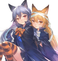 Rule 34 | 10s, 2girls, alternate costume, animal ears, bad id, bad pixiv id, bandaged head, bandages, black gloves, black hair, blonde hair, bow, bowtie, breasts, closed mouth, ezo red fox (kemono friends), fox ears, gloves, hair between eyes, halloween costume, heterochromia, jack-o&#039;-lantern, kemono friends, long hair, looking at viewer, multicolored hair, multiple girls, orange eyes, orange legwear, orange neckwear, pepeto (cocoyuzumugi), red eyes, silver fox (kemono friends), silver hair, simple background, smile, striped clothes, striped legwear, striped thighhighs, thighhighs, two-tone hair, white background, white neckwear