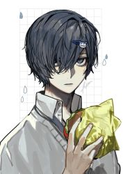 Rule 34 | 1boy, alternate costume, black eyes, black hair, btmr game, burger, closed mouth, collared shirt, commentary request, food, hair between eyes, hair ornament, hairclip, holding, holding food, jack frost (megami tensei), looking at viewer, male focus, persona, persona 3, shirt, signature, simple background, solo, sweater vest, upper body, yuuki makoto (persona 3)