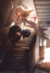 Rule 34 | 1girl, absurdres, angel, angel wings, bare shoulders, black necktie, blonde hair, blue eyes, blush, collared shirt, day, full body, highres, indoors, jumping, long hair, necktie, open mouth, original, shirt, signature, skirt, sleeveless, solo, stairs, stairwell, sunlight, thighhighs, w (w64851564), wings