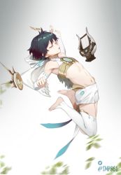 Rule 34 | 1boy, bare shoulders, barefoot, black hair, blue hair, blurry, braid, detached sleeves, genshin impact, gradient hair, highres, hood, hood down, instrument, leaf, long sleeves, lyre, male focus, midriff, multicolored hair, navel, open mouth, simple background, single thighhigh, solo, tcsalmon, thighhighs, trap, twin braids, venti (archon) (genshin impact), venti (genshin impact), white thighhighs, wings