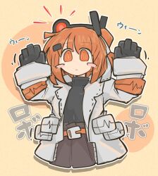 Rule 34 | 1girl, @ @, a.i. voice, absurdres, adachi rei, alarm siren, android, belt, black gloves, black shirt, blush stickers, brown skirt, commentary, cropped torso, expressionless, gloves, hair ornament, hair ribbon, hairclip, hands up, headgear, highres, jacket, long sleeves, looking at viewer, medium hair, one side up, open clothes, open jacket, orange belt, orange eyes, orange hair, radio antenna, ribbon, sheila ship2, shirt, shirt tucked in, skirt, solo, turtleneck, utau, white jacket, white ribbon