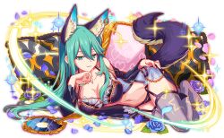 Rule 34 | 1girl, aged up, alternate costume, animal ear fluff, animal ears, anime coloring, aqua gemstone, artist request, bare shoulders, belt, belt buckle, black belt, black bra, black garter straps, black panties, black sleeves, black tail, blue flower, blue rose, bra, breasts, buckle, chain, cleavage, cloud, collarbone, colored inner animal ears, crash fever, date a live, earrings, fingernails, flower, full body, full moon, game cg, garter straps, gold buckle, gold chain, green eyes, green hair, grey thighhighs, hair between eyes, hand on own hip, heart, heart print, huge breasts, jewelry, kyouno natsumi, lace-trimmed sleeves, lace sleeves, lace trim, legs together, light particles, long hair, long sidelocks, long sleeves, looking at viewer, lowered eyelids, lying, mirror, moon, narrow waist, navel, official alternate costume, official art, on side, outline, panties, pillow, pink petals, print thighhighs, red outline, rose, sidelocks, single earring, skinny, solo, spaghetti strap, sparkle, star (sky), star (symbol), star print, straight hair, tachi-e, tail, teeth, thighhighs, third-party source, toes, transparent background, underwear, very long hair, wide hips, wolf ears, wolf tail