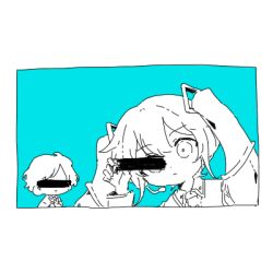 Rule 34 | 1boy, 1girl, anonymous m (vocaloid), aqua background, arufa faru, censored, chibi, closed mouth, collared shirt, commentary, cs voca, greyscale with colored background, hand up, hatsune miku, identity censor, long hair, lowres, necktie, shirt, simple background, tokumei radio, twintails, vocaloid, wing collar