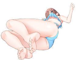 Rule 34 | 1girl, ass, bare arms, bare legs, bare shoulders, barefoot, bikini, blue bikini, blue eyes, blush, breasts, commentary request, feet, frilled bikini, frills, from below, from side, go-toubun no hanayome, groin, hair between eyes, hands up, highres, kongbai, legs, long hair, looking at viewer, looking down, medium breasts, nakano miku, side-tie bikini bottom, soles, solo, swimsuit, thighs, toenails, toes, underboob