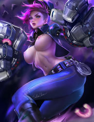 Rule 34 | 1girl, blue eyes, breast tattoo, breasts, cowboy shot, cuffs, debris, doughnut, ear piercing, earrings, female focus, food, gauntlets, handcuffs, hat, highres, jacket, jewelry, large breasts, league of legends, lipstick, looking at viewer, makeup, navel, necktie, nipples, nose piercing, parted lips, piercing, pink hair, pink lips, police hat, sakimichan, solo, tattoo, topless, vi (league of legends)