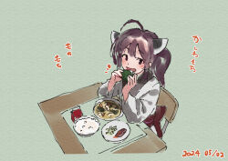 Rule 34 | 1girl, :d, ahoge, blush, bowl, brown eyes, brown hair, chair, dated, food, food request, green background, grey kimono, hands up, head tilt, holding, holding food, japanese clothes, kimono, lamb (hitsujiniku), long sleeves, looking at viewer, mochi, notice lines, obi, on chair, open mouth, plate, rice, sash, sitting, smile, solo, touhoku kiritan, translation request, tray, twintails, upper body, voiceroid, wide sleeves