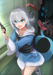 Rule 34 | 1girl, blue eyes, blue hair, blue hoodie, blue nails, bulletproof vest, commentary request, fins, fish tail, gawr gura, gun, hair ornament, handgun, holding, holding gun, holding weapon, hololive, hololive english, hood, hood down, hoodie, long sleeves, looking away, monster, multicolored hair, nail polish, open mouth, pistol, running, shark tail, shoes, silver hair, solo, sora no tori, sound effects, streaked hair, tail, translation request, virtual youtuber, weapon, white footwear
