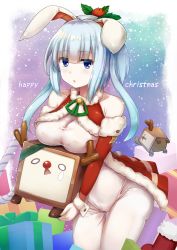 Rule 34 | 1girl, animal ears, bare shoulders, blue eyes, blue hair, bodysuit, breast rest, breasts, candy, candy cane, christmas, cleavage, cowboy shot, detached sleeves, food, fur trim, gift, hair ornament, halterneck, highres, holding, large breasts, long hair, looking at viewer, matching hair/eyes, merry christmas, original, pale skin, parted lips, rabbit ears, reindeer, santa costume, snow, solo, sorano (12gou), thighs, twintails