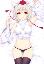 Rule 34 | animal ears, bad id, bad twitter id, bare shoulders, black panties, black thighhighs, breasts, closed mouth, commentary request, detached sleeves, gluteal fold, hat, highres, inubashiri momiji, large breasts, looking at viewer, lying, manamusume  (mnpits), navel, no pants, on back, panties, pom pom (clothes), red eyes, smile, solo, tassel, thigh gap, thighhighs, tokin hat, touhou, underwear, white hair, wide sleeves, wolf ears