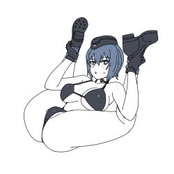 Rule 34 | 1girl, blue eyes, blue hair, boots, bra, breasts, fat mons, gloves, hat, highres, hs egg, large breasts, legs up, onsen tamago (hs egg), partially visible vulva, thick thighs, thighs, thong, underwear