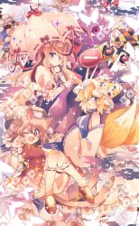 Rule 34 | 3girls, animal ear fluff, animal ears, blonde hair, blue eyes, brown eyes, brown hair, bug, butterfly, cat ears, cat tail, chen, commentary request, detached sleeves, flower, fox tail, gap (touhou), green headwear, hat, highres, holding, holding umbrella, insect, kitsune, kneehighs, lily (flower), long hair, long sleeves, looking at viewer, mary janes, mob cap, multiple girls, multiple tails, nekomata, one eye closed, purple eyes, ratto (mobilis 1870), red footwear, shoes, smile, socks, tabard, tail, touhou, traffic light, umbrella, umbrella bow, white footwear, wide sleeves, yakumo ran, yakumo yukari