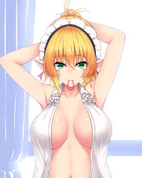 Rule 34 | 1girl, adjusting hair, armpits, arms up, bare shoulders, blonde hair, blush, breasts, breasts apart, closed mouth, collar, collarbone, collared shirt, commentary request, curtains, elf, etan14, frilled collar, frills, green eyes, hair between eyes, hair ornament, hair ribbon, hair tie, highres, indoors, looking at viewer, maid, maid (etan14), maid headdress, medium breasts, midriff, mouth hold, navel, no bra, open clothes, open shirt, original, pointy ears, ponytail, red ribbon, ribbon, shiny skin, shirt, short hair, sidelocks, sleeveless, sleeveless shirt, solo, tying hair, upper body, white shirt, window, wing collar