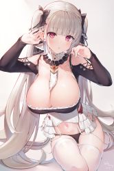 Rule 34 | 1girl, absurdres, asla yu, azur lane, bare shoulders, between breasts, black panties, blush, breasts, cleavage, dress, earrings, formidable (azur lane), frilled dress, frills, grey hair, hair ribbon, hands up, highres, jewelry, large breasts, long hair, looking at viewer, midriff, navel, panties, red eyes, ribbon, sitting, solo, thighhighs, twintails, two-tone ribbon, underwear, very long hair, white thighhighs