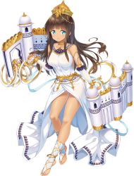 Rule 34 | 1girl, amber (oshiro project), artist request, bare shoulders, blue eyes, breasts, brown hair, crown, dark-skinned female, dark skin, dress, full body, large breasts, long hair, looking at viewer, no shoes, oshiro project:re, oshiro project:re, smile, solo, transparent background, white dress, white legwear