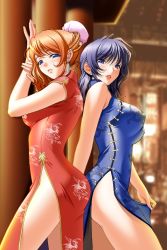 Rule 34 | 2girls, ass, blue eyes, blue hair, blush, breasts, china dress, chinese clothes, dress, earrings, female focus, jewelry, large breasts, looking at viewer, multiple girls, no panties, stud earrings