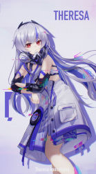 Rule 34 | 1girl, absurdres, akashin, bare shoulders, character name, closed mouth, dress, hair ornament, headband, highres, honkai (series), honkai impact 3rd, long hair, looking at viewer, mask, multicolored hair, purple background, red eyes, sleeveless, sleeveless dress, solo, streaked hair, theresa apocalypse, theresa apocalypse (luna kindred), white dress, white hair