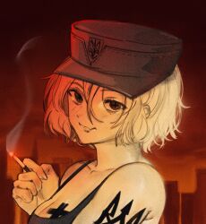 Rule 34 | blonde hair, breasts, cigarette, cityscape, cleavage, hat, holding, holding cigarette, large breasts, looking at viewer, marichka, original, russo-ukrainian war, short hair, smoke, sports bra, tattoo, tryzub, usergore