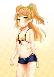 Rule 34 | 1girl, bad id, bad pixiv id, bare shoulders, bikini, bikini under clothes, blonde hair, blush, collarbone, commentary, cowboy shot, denim, denim shorts, eyelashes, front-tie bikini top, front-tie top, gradient background, green eyes, hair bobbles, hair ornament, highres, idolmaster, idolmaster cinderella girls, jougasaki rika, long hair, looking at viewer, navel, parted lips, short shorts, shorts, solo, star (symbol), starry background, sumi (oyasumie), swimsuit, thighs, two side up