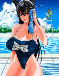 Rule 34 | 10s, 1girl, bad id, bad pixiv id, bare shoulders, black hair, blurry, breasts, cameltoe, competition school swimsuit, depth of field, covered erect nipples, highres, huge breasts, kantai collection, kitakami (kancolle), large breasts, lips, long hair, looking at viewer, nagato (kancolle), noga, one-piece swimsuit, pool, red eyes, school swimsuit, smile, solo focus, swimsuit, towel, water, wet
