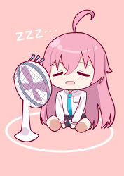 Rule 34 | 1girl, ahoge, aoraine, aqua necktie, black skirt, blue archive, breast pocket, chibi, closed eyes, collared shirt, commentary request, electric fan, hair flaps, highres, hoshino (blue archive), long hair, necktie, oval, pink background, pink hair, pocket, school uniform, shirt, simple background, sitting, skirt, sleeping, solo, white shirt