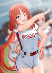 Rule 34 | 3girls, ayul (ayulneri 92), belt, blurry, blurry background, blush, breasts, genshin impact, green eyes, highres, large breasts, long hair, looking at viewer, low twintails, multiple girls, nilou (genshin impact), nippon professional baseball, one eye closed, open mouth, outstretched arm, pointing, red hair, shirt, short sleeves, shorts, sidelocks, smile, solo focus, thighs, touhoku rakuten golden eagles, twintails, under armour, white shirt, white shorts