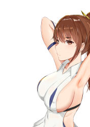 Rule 34 | 1girl, absurdres, armpits, arms behind head, azur lane, breasts, brown eyes, brown hair, covered erect nipples, dead or alive, dress, highres, kasumi (doa), long hair, no bra, ponytail, revealing clothes, see-through, sideboob, simple background, solo, theos, upper body, white background, white dress