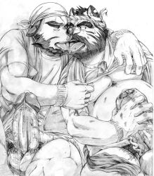 Rule 34 | 2boys, arm around shoulder, bandana, bara, beard, belly, bottomless, dog boy, ears down, erection, eye contact, facial hair, fat, fat man, feet out of frame, foreskin, french kiss, furry, furry with furry, ganson, girthy penis, graphite (medium), hachimaki, headband, huge eyebrows, kiss, large penis, looking at another, male focus, male masturbation, male pubic hair, masturbation, mature male, multiple boys, muscular, muscular male, mustache, nipple stimulation, nipple tweak, nipples, original, pectorals, penis, precum, pubic hair, saliva, saliva trail, scan, short hair, sitting, stomach, thick eyebrows, tiger boy, tongue, tongue out, traditional media, uncensored, underpec, veins, veiny penis, yaoi