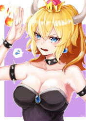 Rule 34 | 1girl, arm up, aruti, bare shoulders, black dress, blocking, blonde hair, blue eyes, blue gemstone, border, bowsette, bracelet, breasts, brooch, collar, collarbone, commentary request, dress, earrings, eyelashes, fingernails, fireball, gem, hand up, head tilt, horns, jewelry, long hair, looking at viewer, mario (series), medium breasts, nail polish, new super mario bros. u deluxe, nintendo, outside border, pointy ears, ponytail, purple background, scowl, sharp fingernails, sidelocks, signature, solo, spiked bracelet, spiked collar, spikes, strapless, strapless dress, super crown, upper body, white border, white nails, wide ponytail