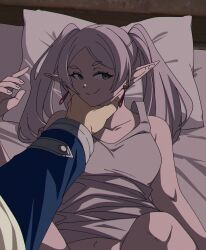 1boy 1girl bed blue_tunic commentary elf frieren green_eyes grey_hair grey_tank_top highres himmel_(sousou_no_frieren) inkspirate long_sleeves looking_at_viewer lying on_back on_bed pointy_ears pov smile smug sousou_no_frieren tank_top tunic twintails