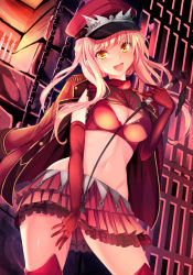 Rule 34 | 1girl, :d, blonde hair, bra, breasts, candle, chain, cleavage, contrapposto, cowboy shot, elbow gloves, epaulettes, fate/grand order, fate (series), fire, frilled skirt, frills, gloves, groin, haruka natsuki, hat, head tilt, heart, holding, indoors, jacket, jacket on shoulders, long hair, looking at viewer, medb (alluring chief warden look) (fate), medb (fate), medium breasts, midriff, navel, open mouth, peaked cap, pleated skirt, prison, riding crop, skirt, smile, solo, standing, stomach, teeth, thighhighs, underwear, yellow eyes