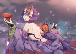 Rule 34 | 1girl, absurdres, back, cup, fate/grand order, fate (series), highres, horns, japanese clothes, looking back, multiple horns, oni, petals, purple eyes, purple hair, sakazuki, shuten douji (fate), solo, suo niao
