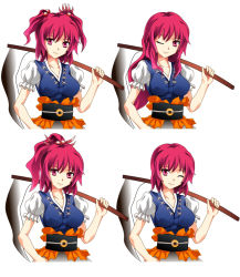 Rule 34 | 1girl, alternate hairstyle, breasts, female focus, hair bobbles, hair down, hair ornament, long hair, multiple views, one eye closed, onozuka komachi, ponytail, red eyes, red hair, scythe, short hair, simple background, siu (hn495), standing, touhou, twintails, two side up, upper body, white background, wink